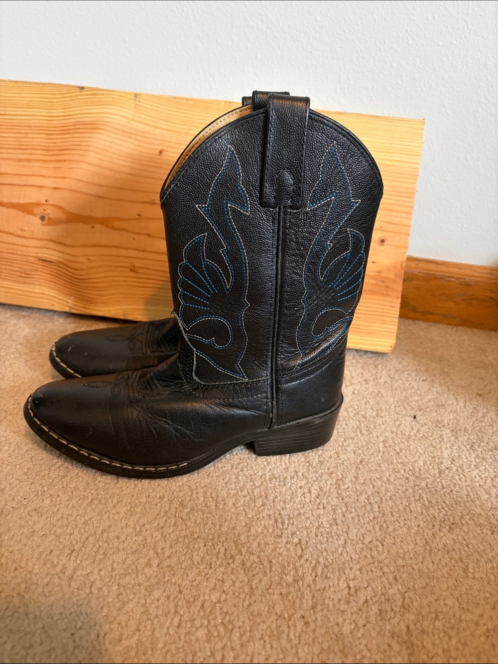 Kids Black Western Cowboy Boots with Blue Stitching - Youth Pull-On Style